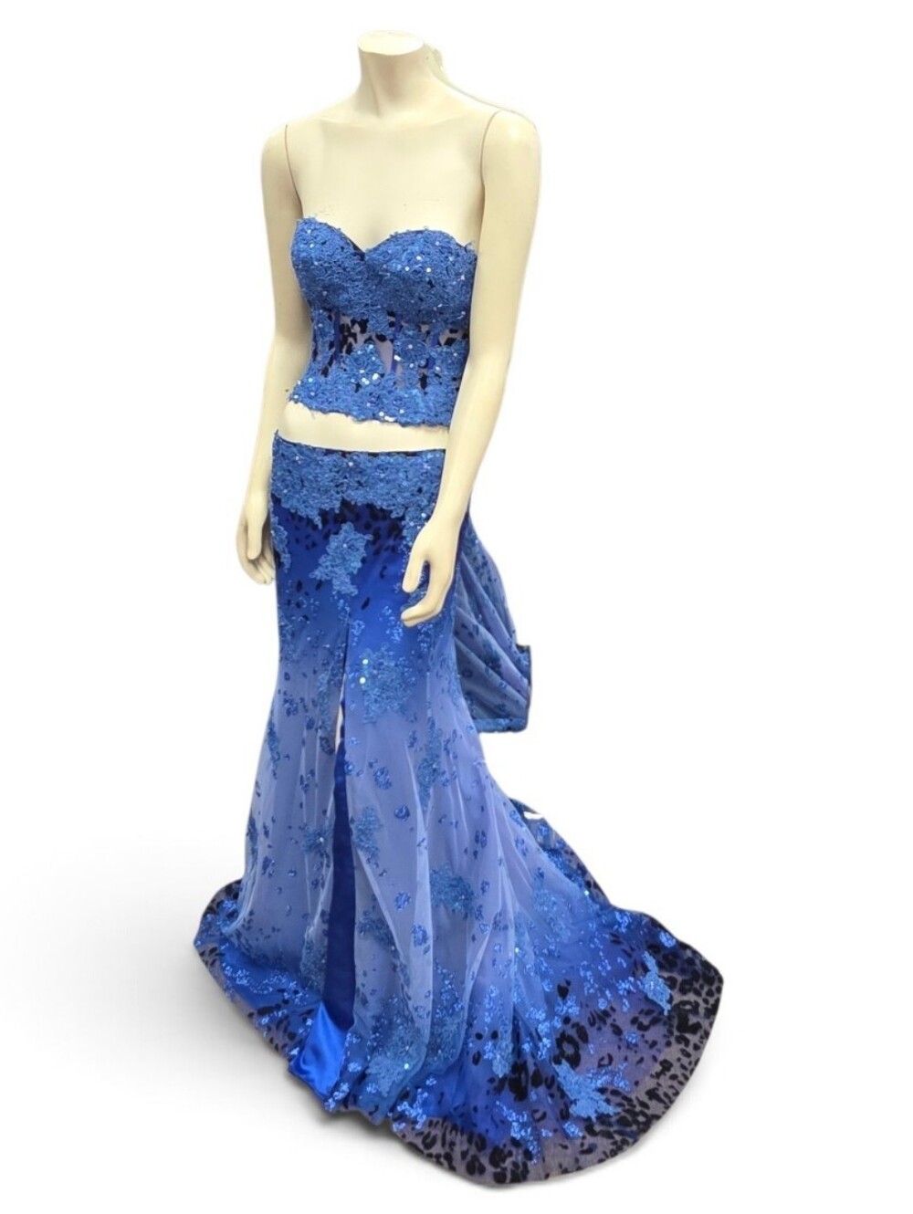 Jovani 2 Piece Royal Blue Corset Prom Gown Size 2 Sequined Lace Animal Print